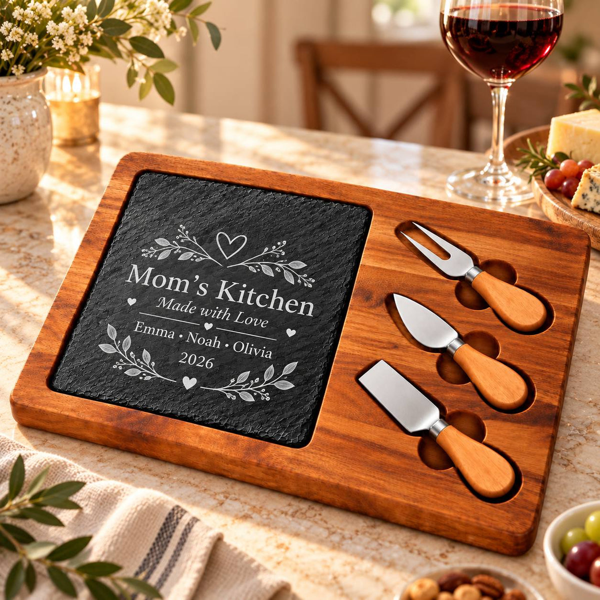 Personalized Mom’s Kitchen Slate Cheese Board Set – Custom Engraved Gift for Mom