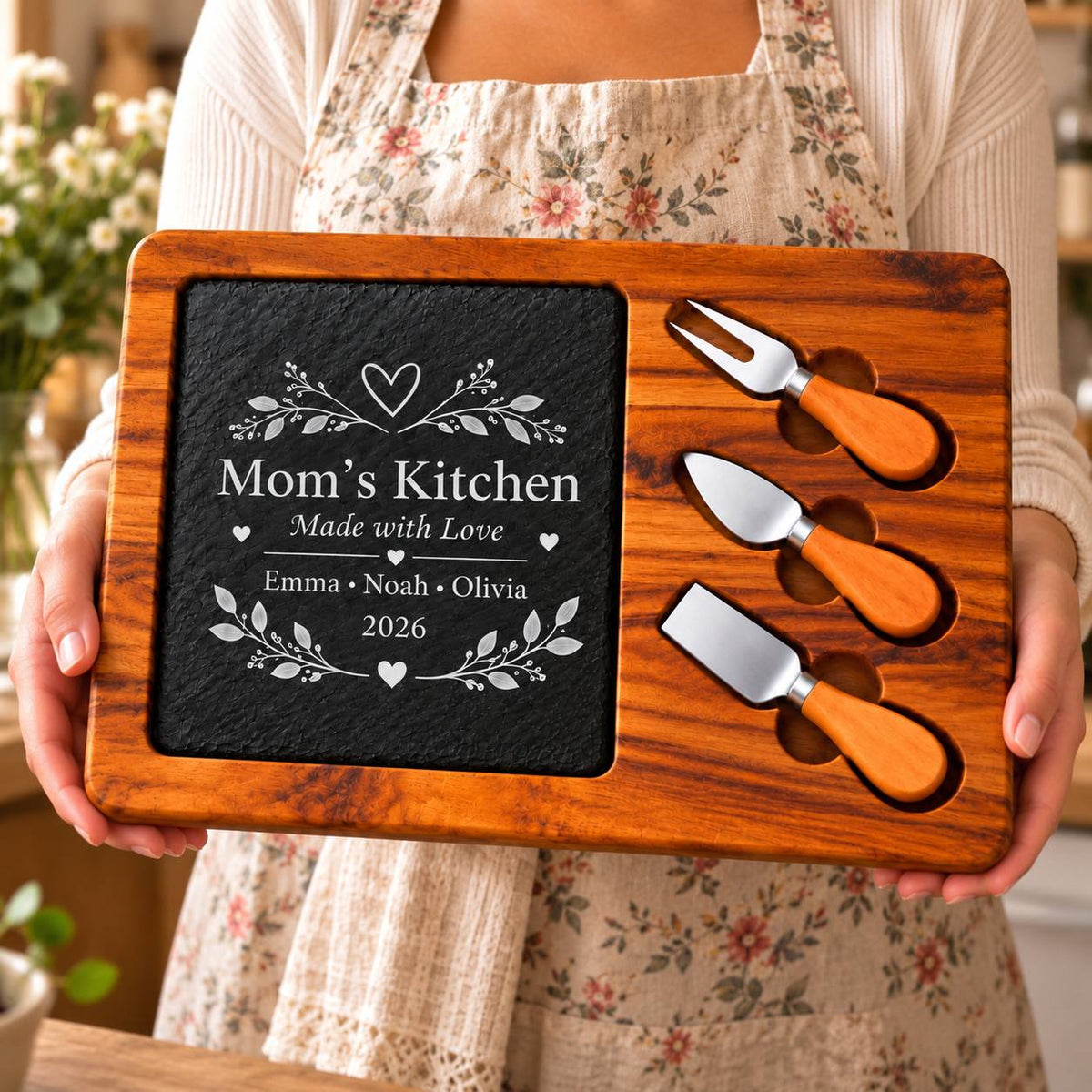 Personalized Mom’s Kitchen Slate Cheese Board Set – Custom Engraved Gift for Mom