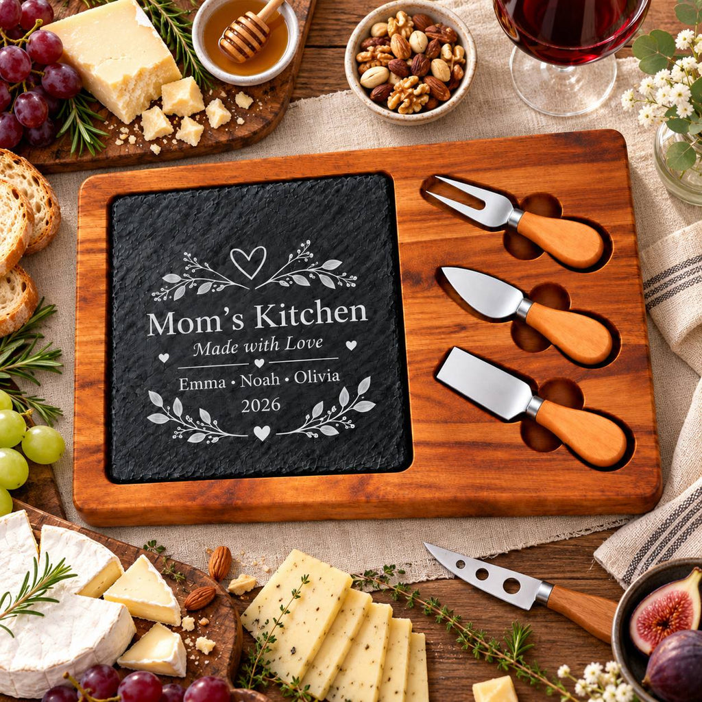 Personalized Mom’s Kitchen Slate Cheese Board Set – Custom Engraved Gift for Mom