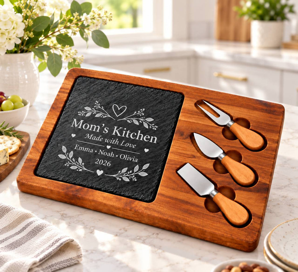 Personalized Mom’s Kitchen Slate Cheese Board Set – Custom Engraved Gift for Mom