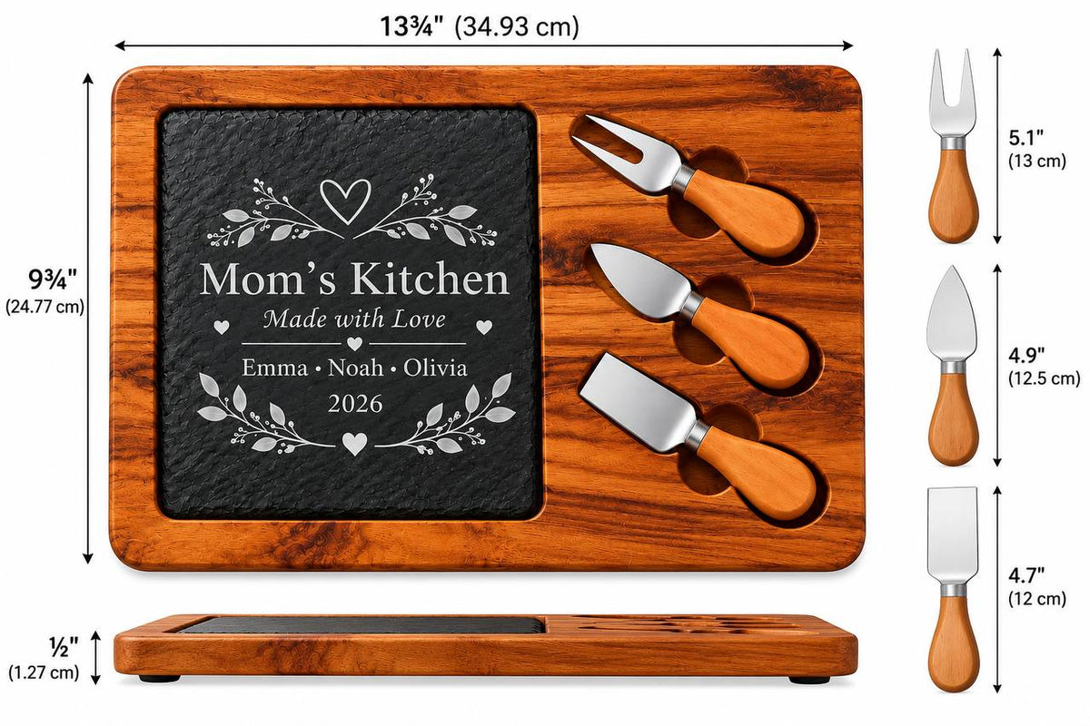 Personalized Mom’s Kitchen Slate Cheese Board Set – Custom Engraved Gift for Mom