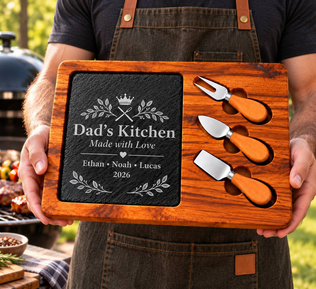 Personalized Dad’s Kitchen Slate Cheese Board Set – Custom Engraved Gift for Dad