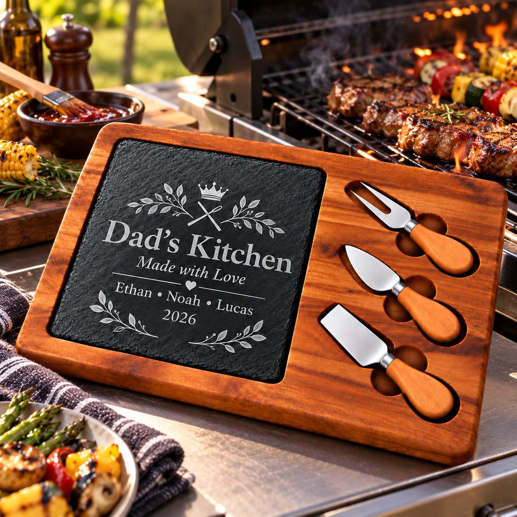 Personalized Dad’s Kitchen Slate Cheese Board Set – Custom Engraved Gift for Dad