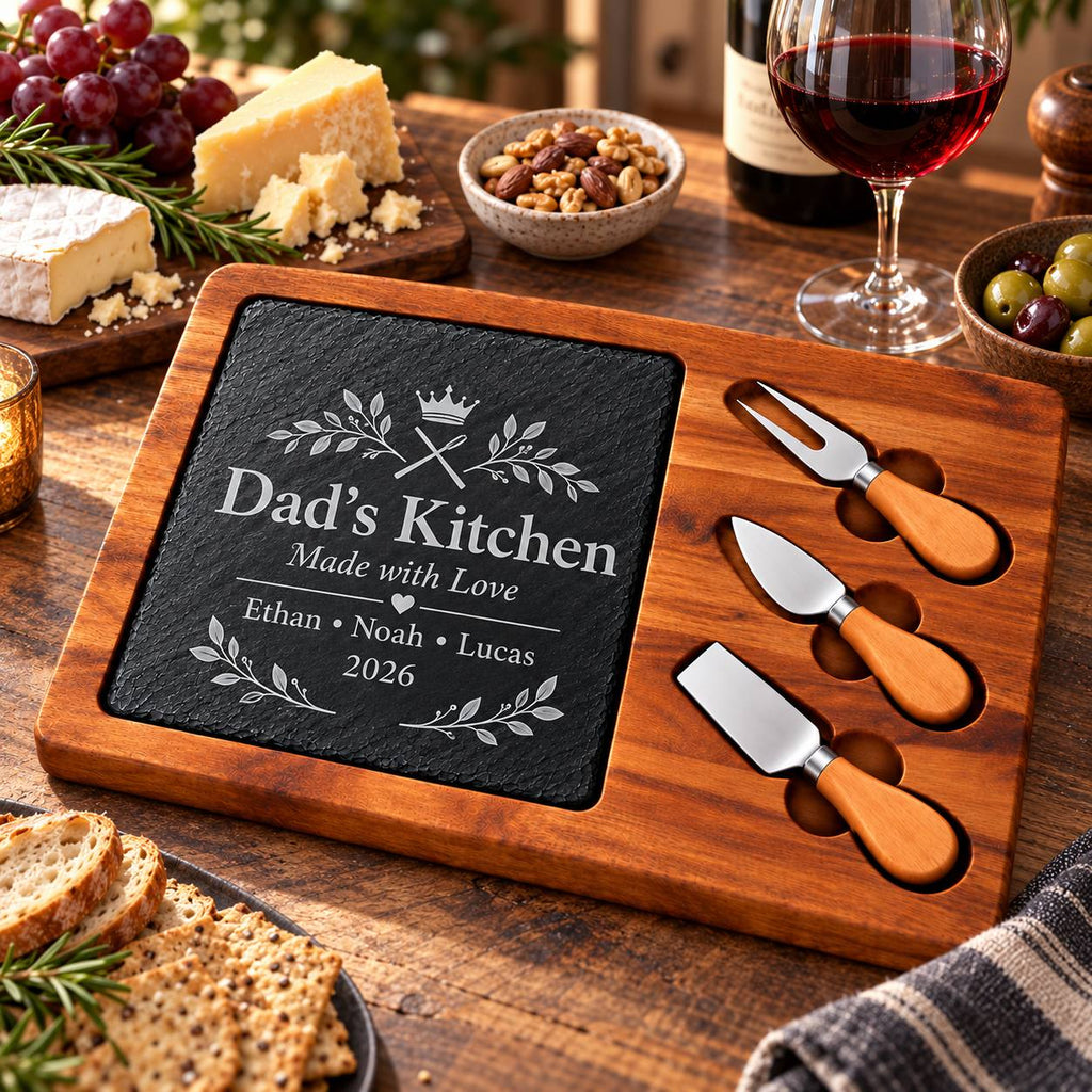 Personalized Dad’s Kitchen Slate Cheese Board Set – Custom Engraved Gift for Dad