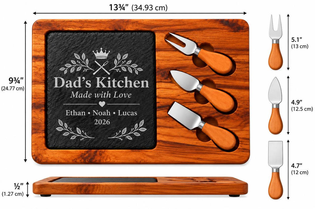 Personalized Dad’s Kitchen Slate Cheese Board Set – Custom Engraved Gift for Dad