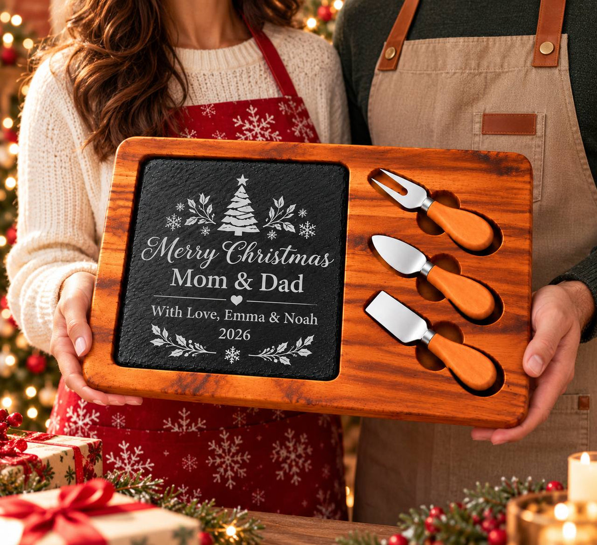 Personalized Christmas Slate Cheese Board Set – Custom Engraved Christmas Gift for Mom & Dad
