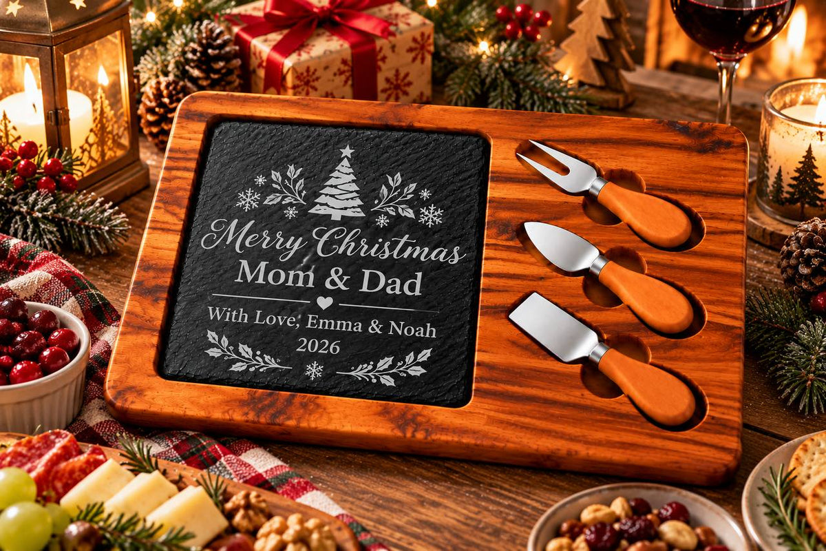 Personalized Christmas Slate Cheese Board Set – Custom Engraved Christmas Gift for Mom & Dad