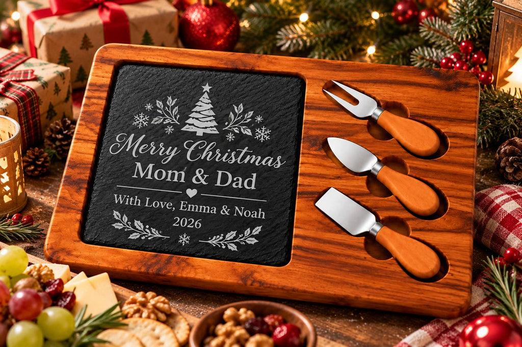 Personalized Christmas Slate Cheese Board Set – Custom Engraved Christmas Gift for Mom & Dad