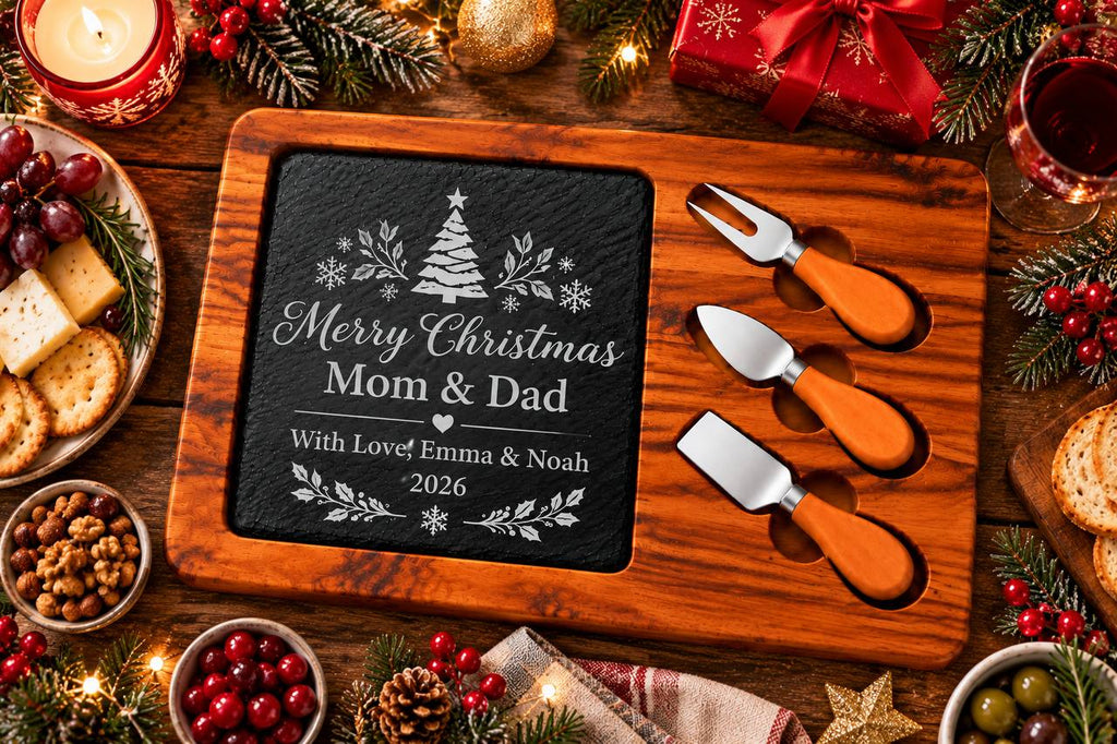 Personalized Christmas Slate Cheese Board Set – Custom Engraved Christmas Gift for Mom & Dad