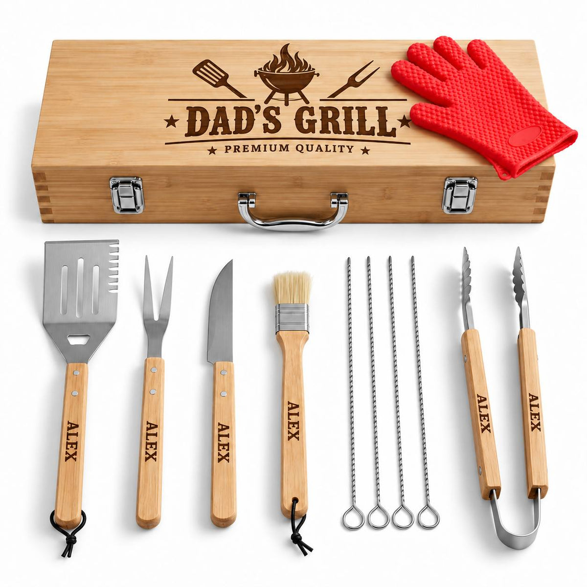Personalized BBQ Grill Tool Set with Wooden Case – Custom Engraved Gift for Dad