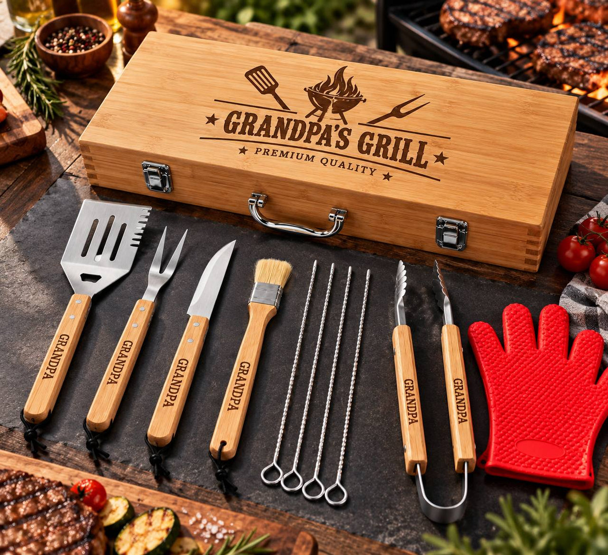 Personalized BBQ Grill Tool Set with Wooden Case – Custom Engraved Gift for Grandpa