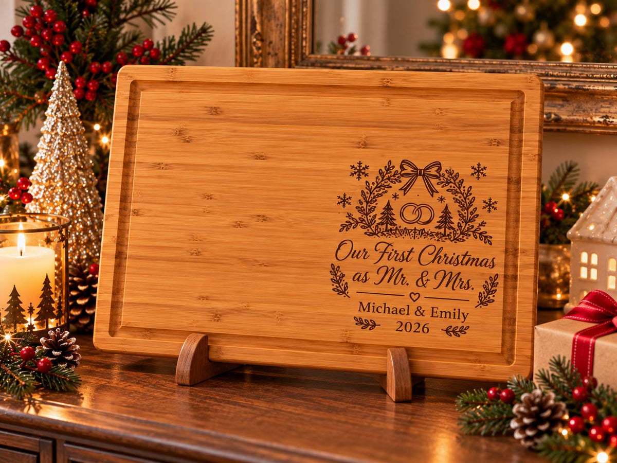 Personalized First Christmas as Mr and Mrs Cutting Board Displayed on Wooden Stand with Christmas Decorations