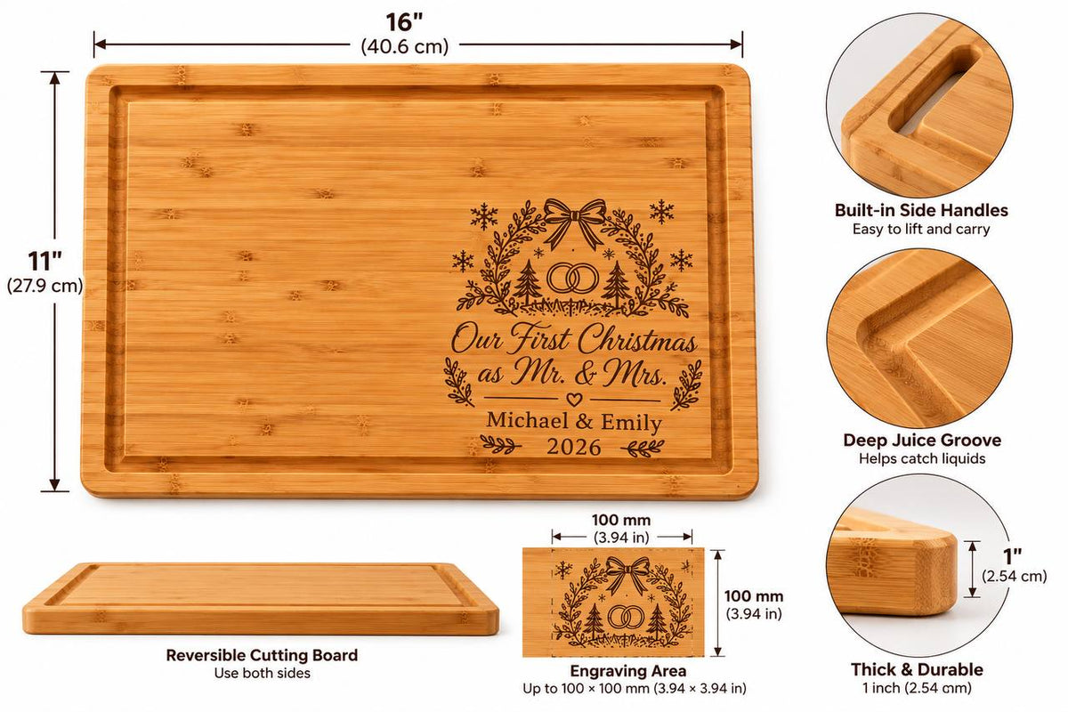 Personalized Bamboo Cutting Board Dimensions 16 by 11 by 1 Inches with 100 by 100 Millimeter Engraving Area, Juice Groove and Side Handles