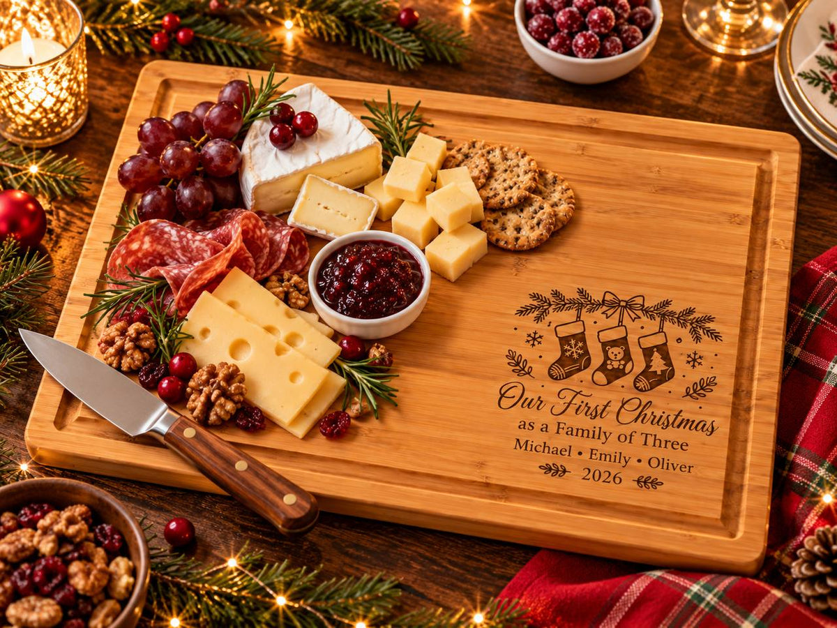 Personalized First Christmas as a Family of Three Cutting Board – Custom New Parents Christmas Gift