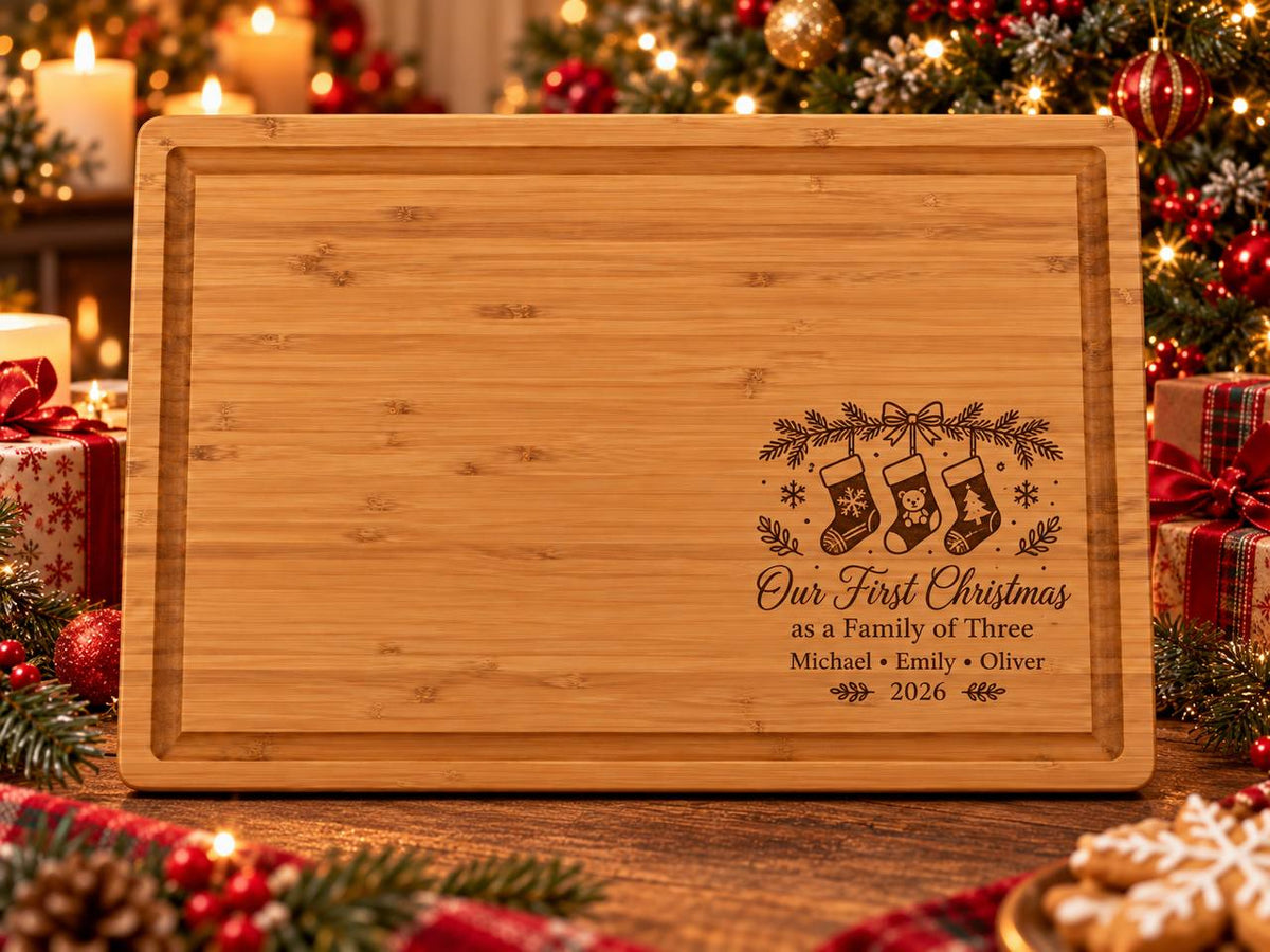Personalized First Christmas as a Family of Three Cutting Board – Custom New Parents Christmas Gift