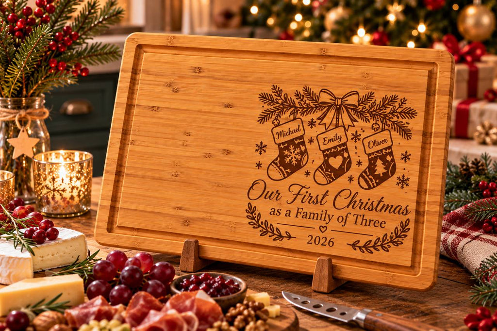 Personalized First Christmas as a Family of Three Cutting Board – Custom New Parents Christmas Gift