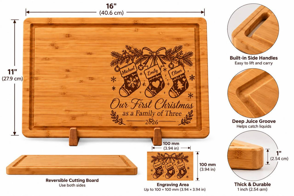 Personalized First Christmas as a Family of Three Cutting Board – Custom New Parents Christmas Gift