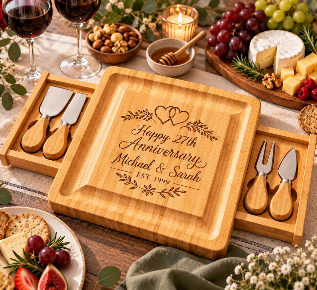 Personalized 27th Wedding Anniversary Cheese Board Set – Custom Engraved Anniversary Gift for Couples