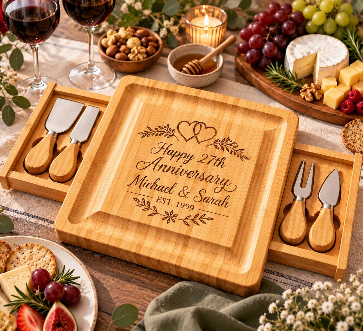 Personalized 27th Wedding Anniversary Cheese Board Set – Custom Engraved Anniversary Gift for Couples
