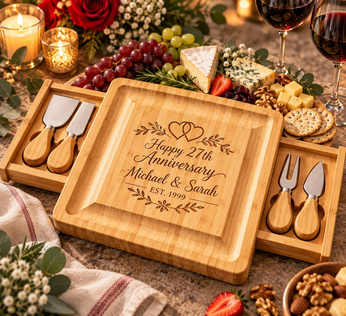 Personalized 27th Wedding Anniversary Cheese Board Set – Custom Engraved Anniversary Gift for Couples