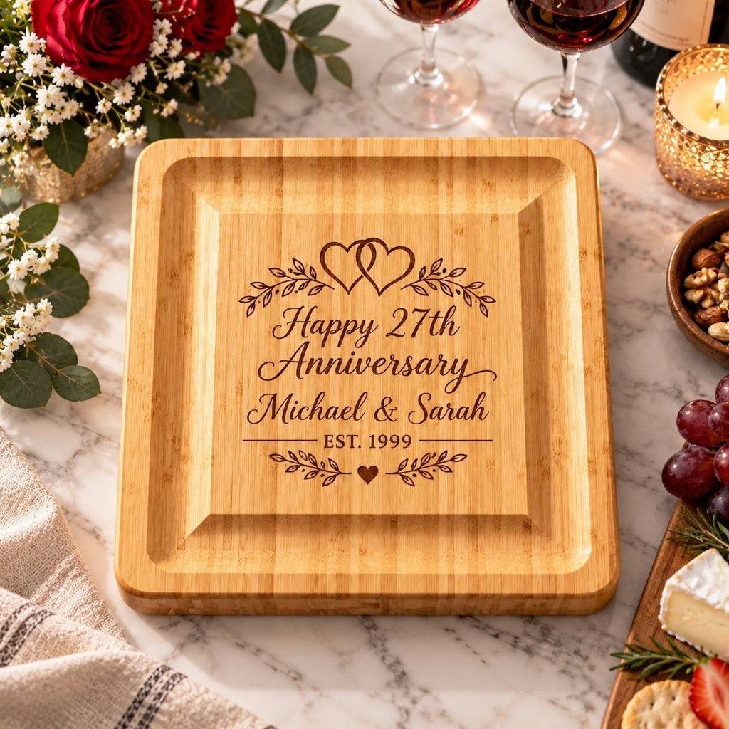 Personalized 27th Wedding Anniversary Cheese Board Set – Custom Engraved Anniversary Gift for Couples
