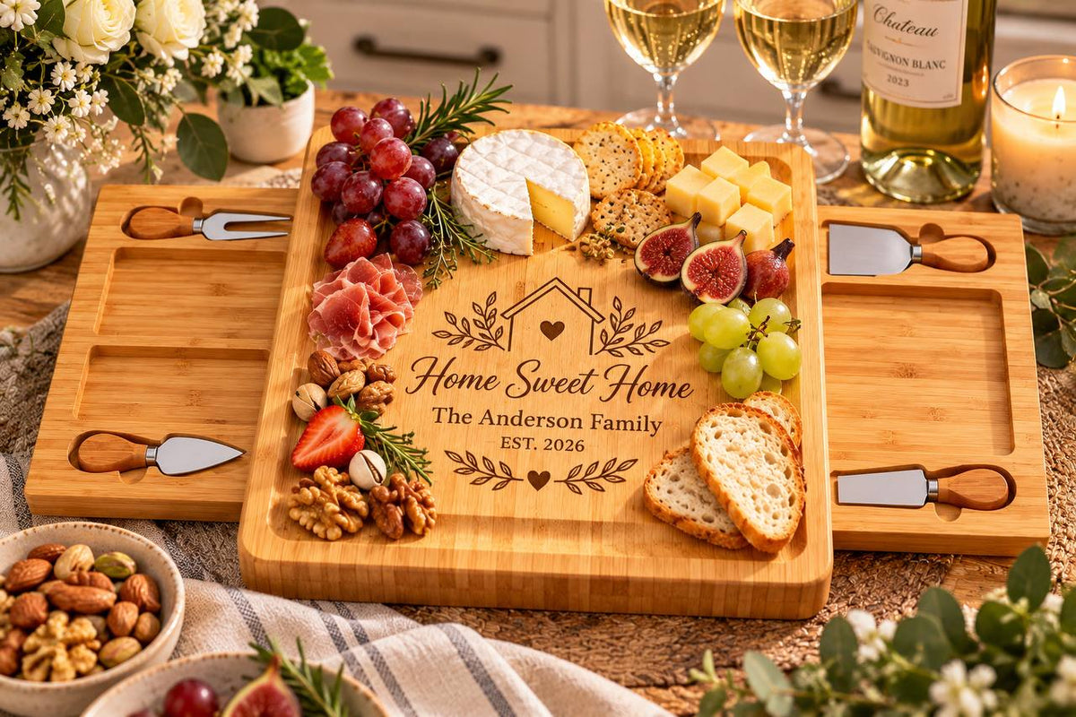 Personalized Housewarming Cheese Board Set – Custom Engraved New Home Gift for Family