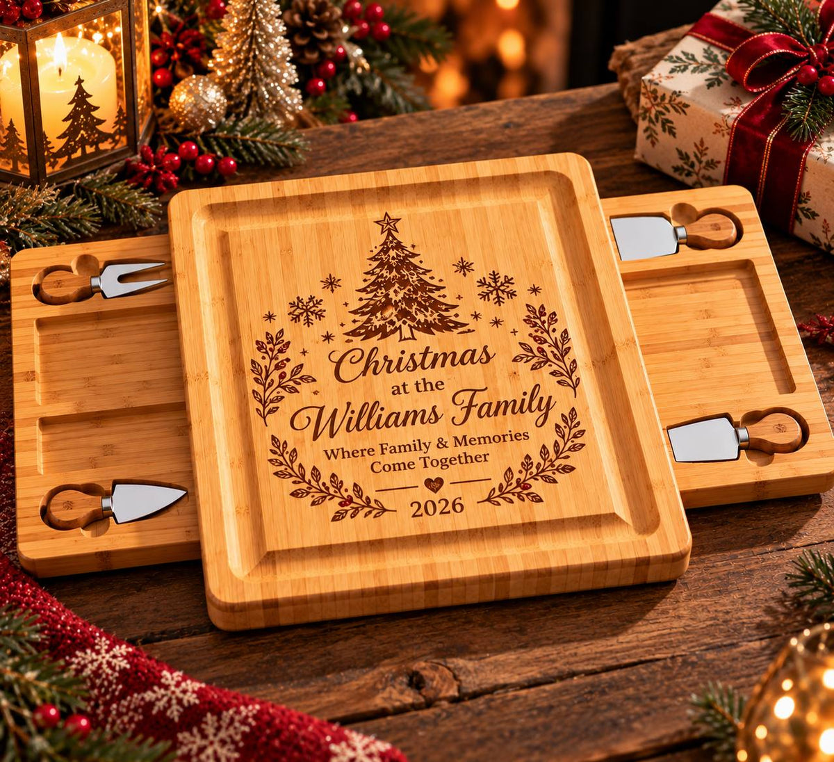Personalized Christmas Family Cheese Board Set – Custom Engraved Christmas Gift for Family