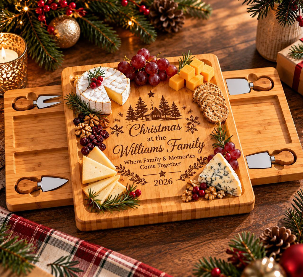 Personalized Christmas Family Cheese Board Set – Custom Engraved Christmas Gift for Family