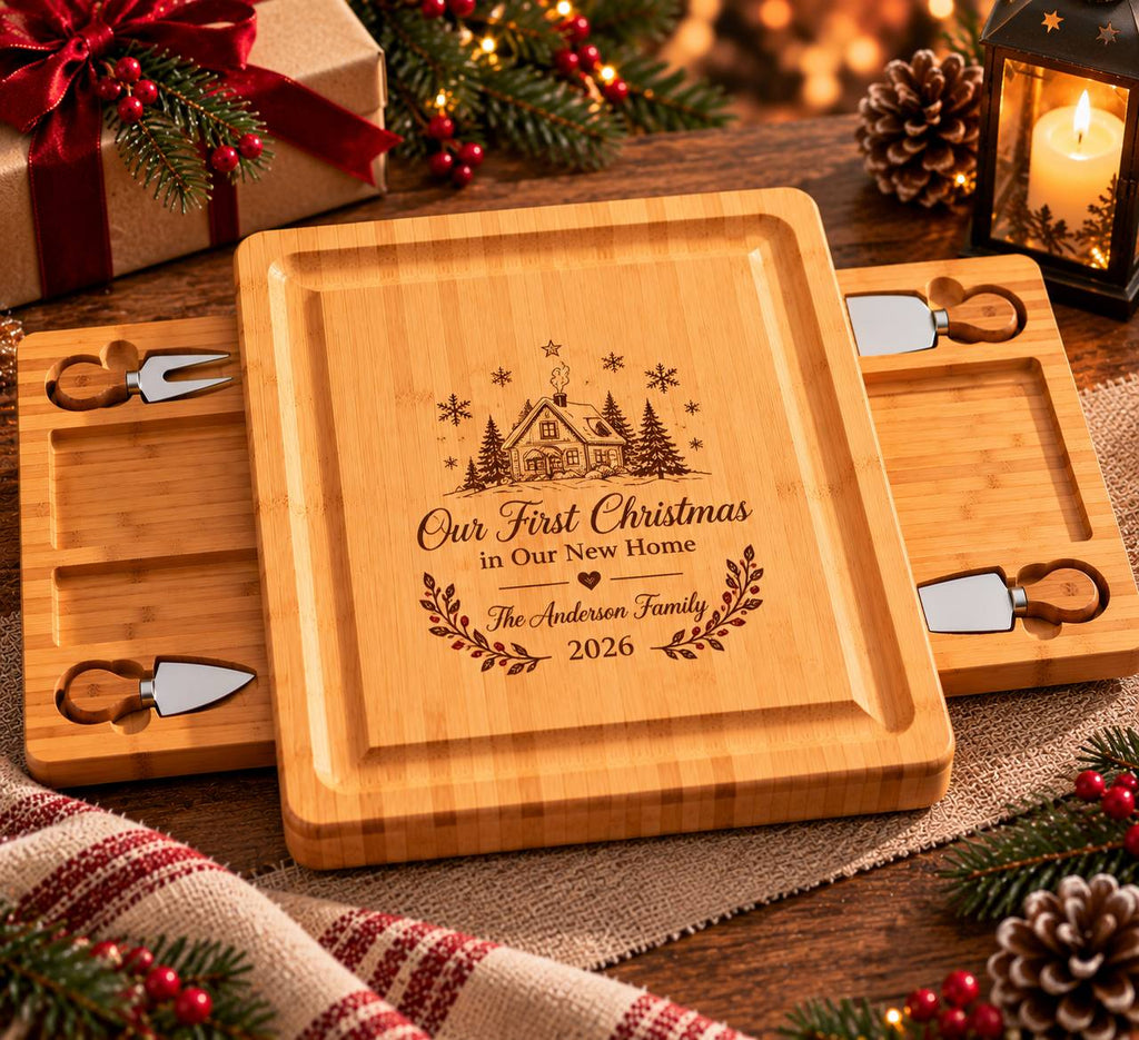 Personalized First Christmas in Our New Home Cheese Board Set – Custom Housewarming Christmas Gift