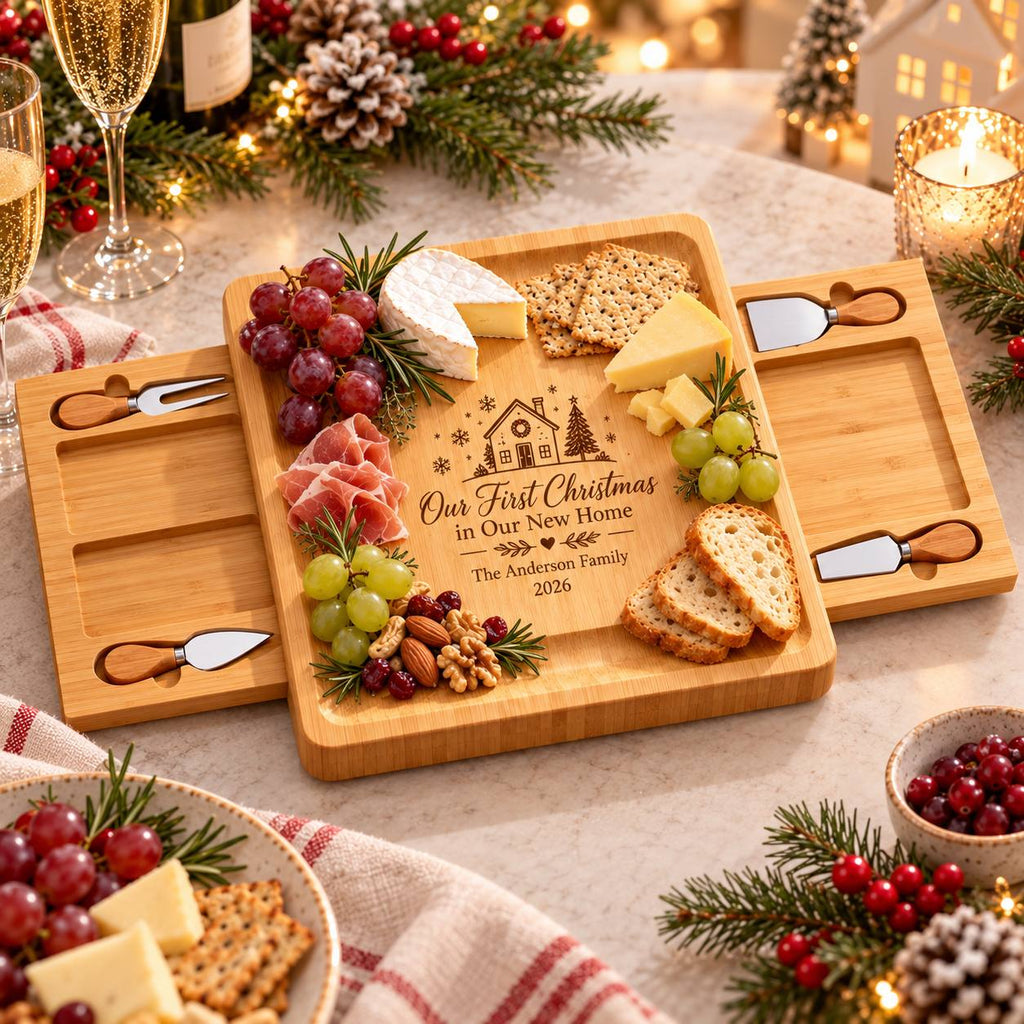 Personalized First Christmas in Our New Home Cheese Board Set – Custom Housewarming Christmas Gift