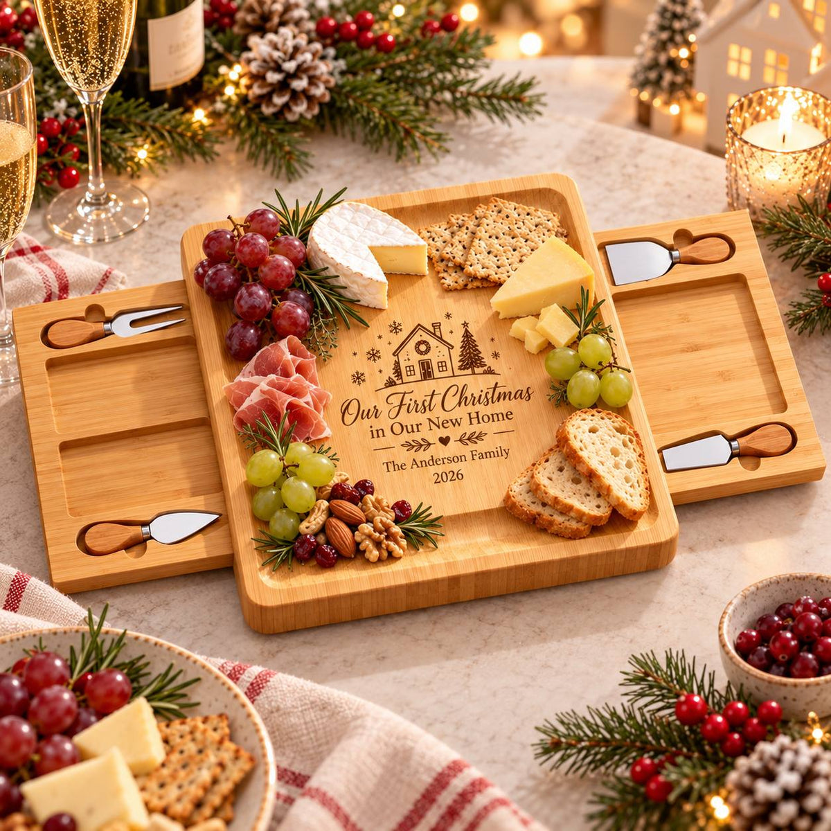 Personalized First Christmas in Our New Home Cheese Board Set – Custom Housewarming Christmas Gift
