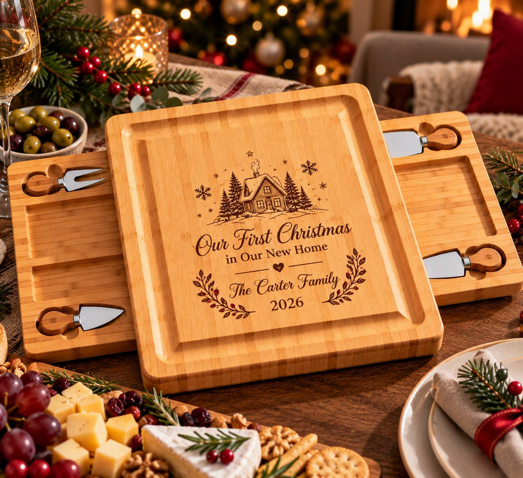 Personalized First Christmas in Our New Home Cheese Board Set – Custom Housewarming Christmas Gift