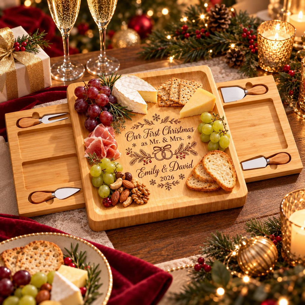 Personalized First Christmas as Mr. & Mrs. Cheese Board Set – Custom Newlywed Christmas Gift