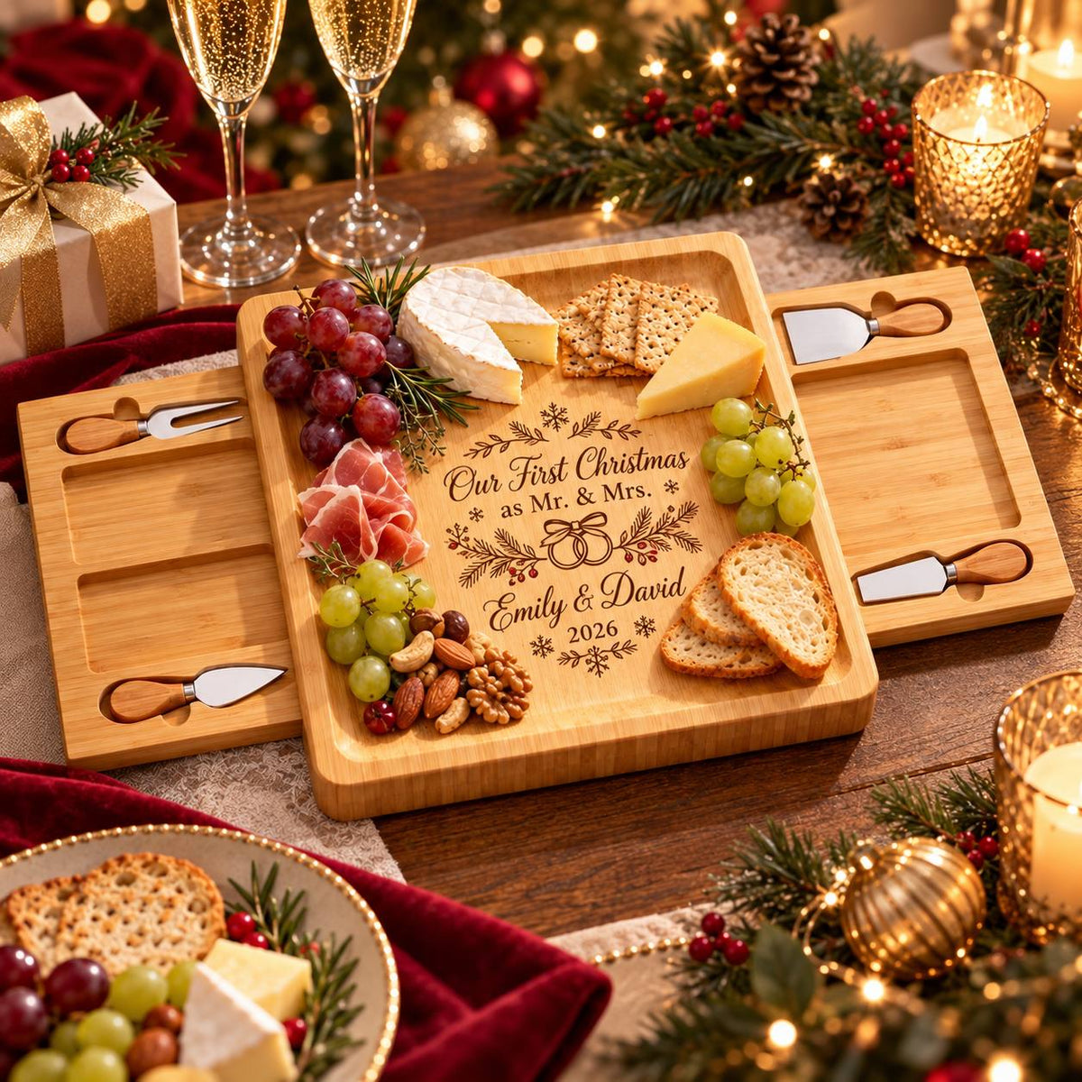 Personalized First Christmas as Mr. & Mrs. Cheese Board Set – Custom Newlywed Christmas Gift