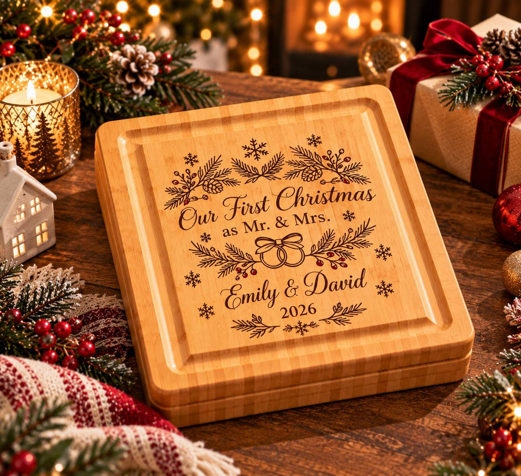 Personalized First Christmas as Mr. & Mrs. Cheese Board Set – Custom Newlywed Christmas Gift