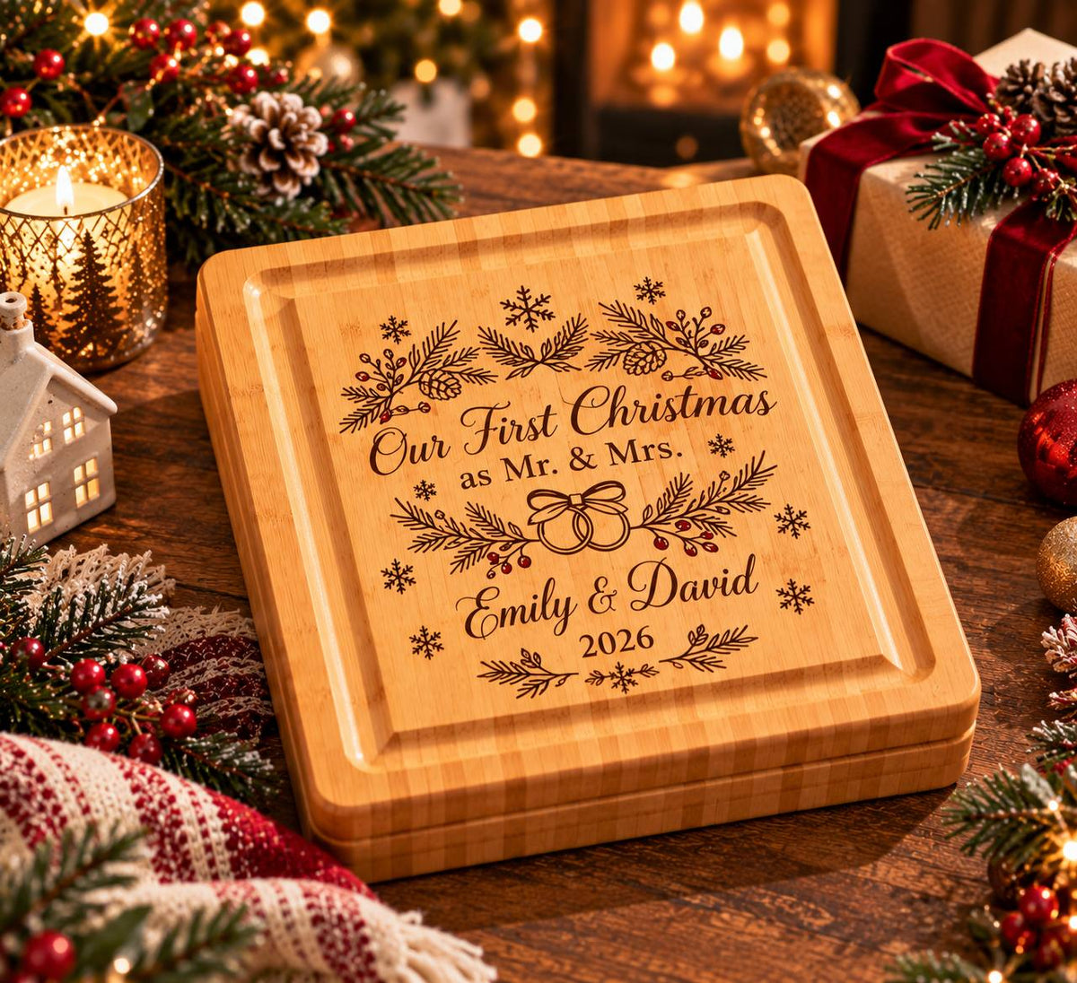 Personalized First Christmas as Mr. & Mrs. Cheese Board Set – Custom Newlywed Christmas Gift