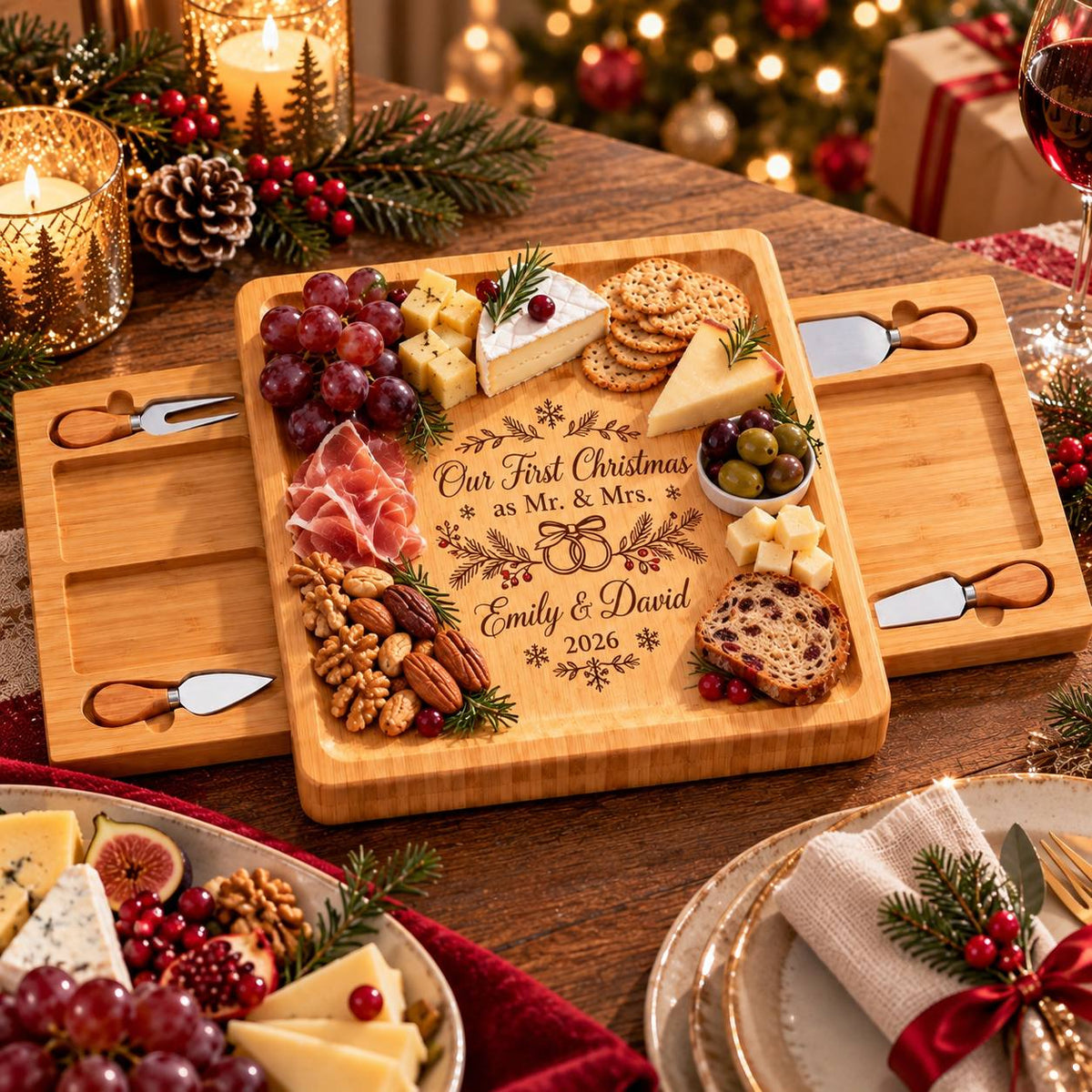 Personalized First Christmas as Mr. & Mrs. Cheese Board Set – Custom Newlywed Christmas Gift