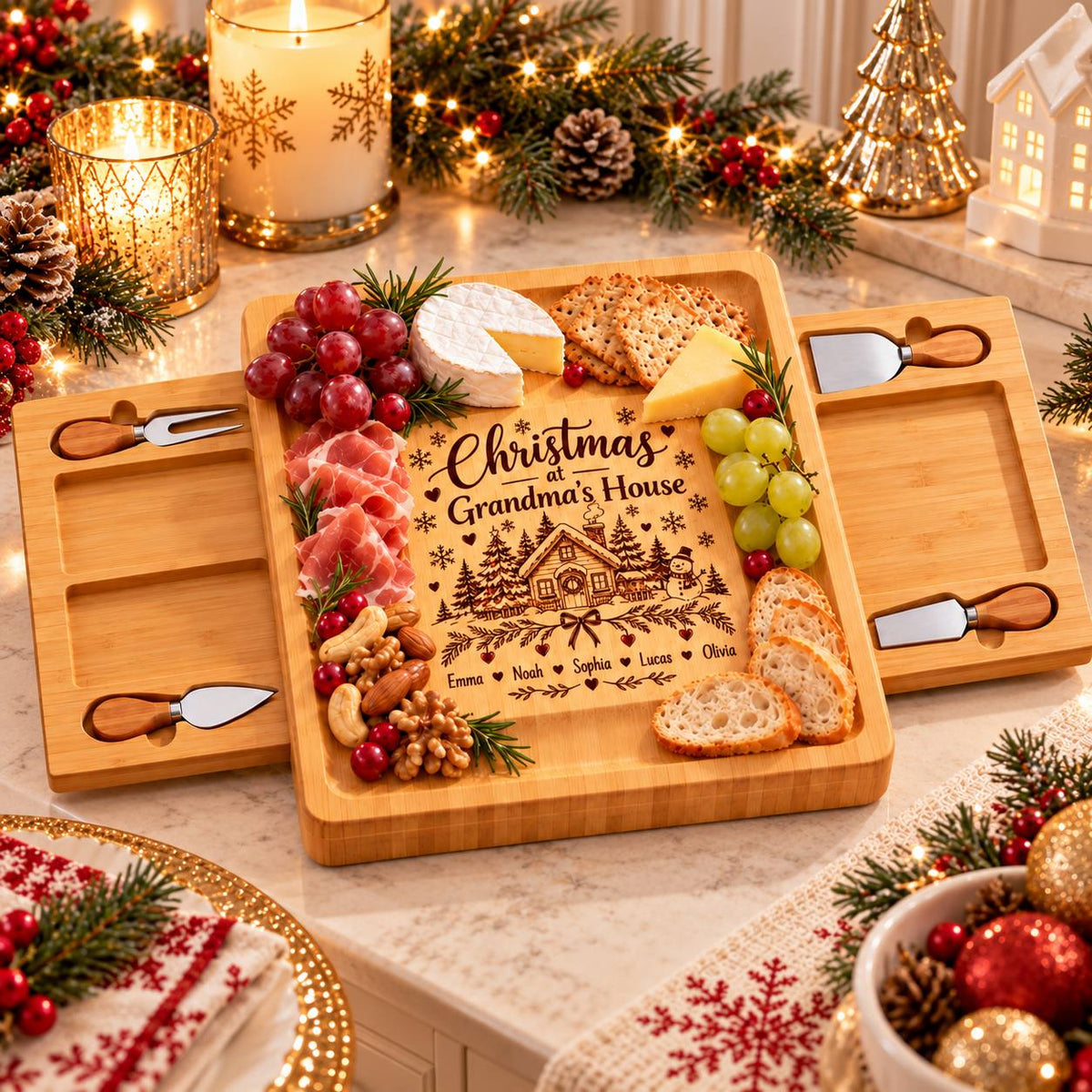 Personalized Christmas Slate Cheese Board Set – Custom Engraved Family Christmas Gift