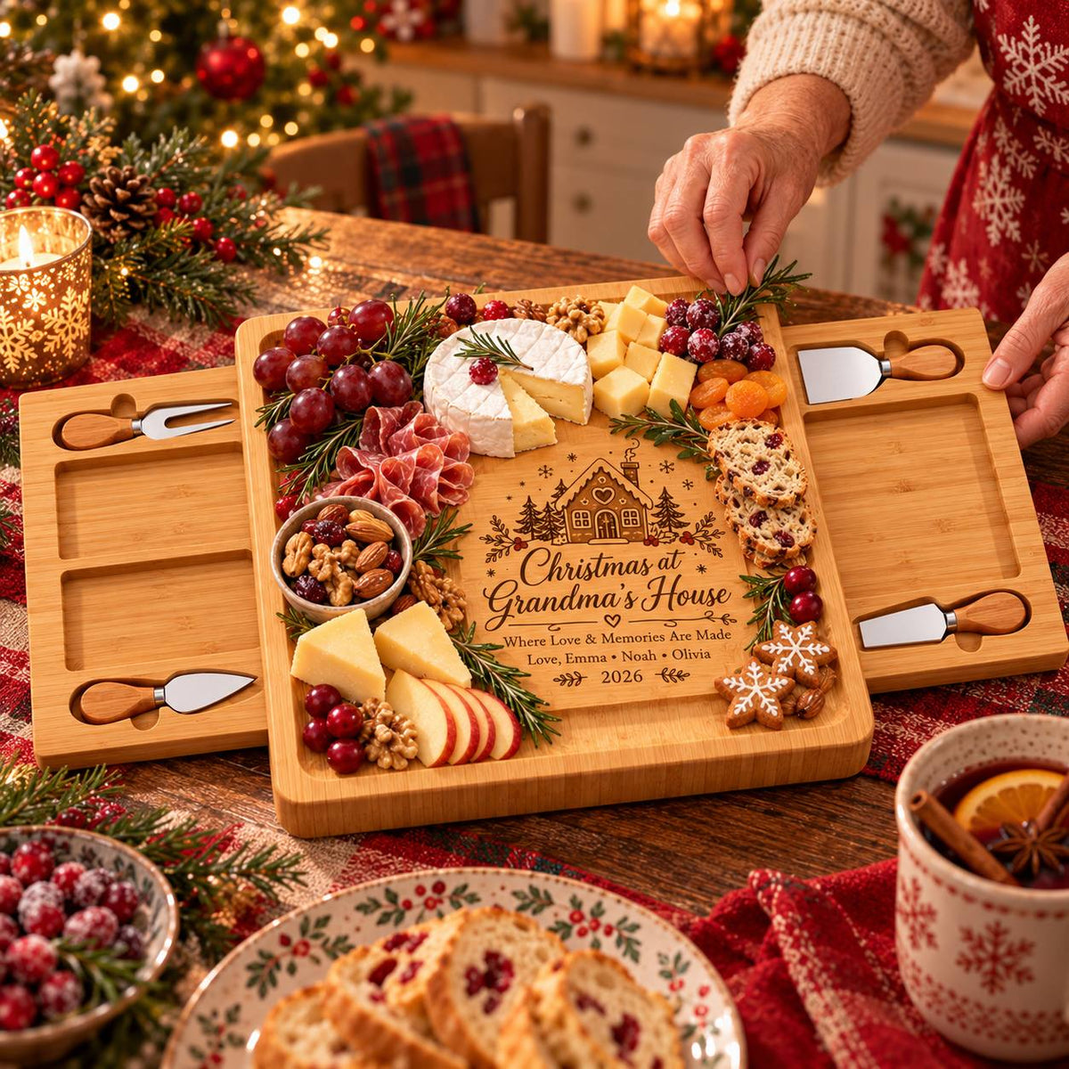 Personalized Christmas Slate Cheese Board Set – Custom Engraved Family Christmas Gift