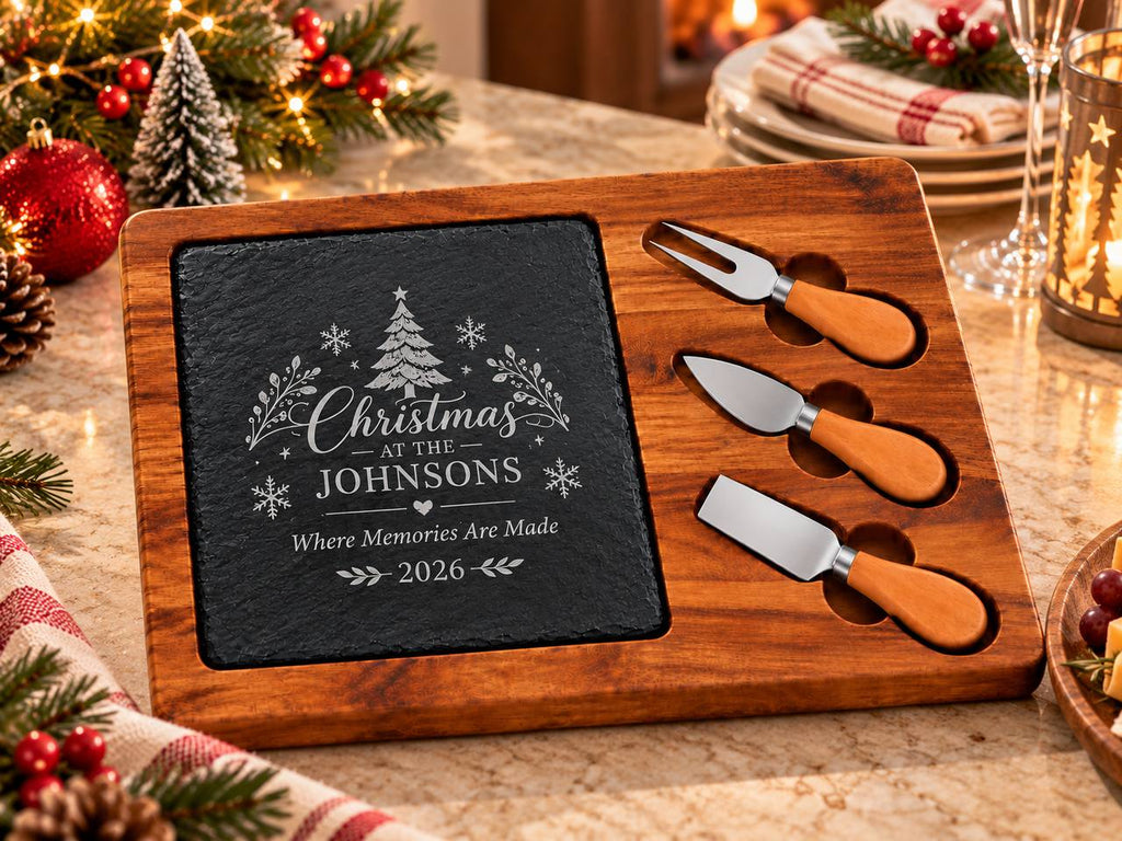 Personalized Christmas Slate Cheese Board Set – Custom Engraved Family Christmas Gif