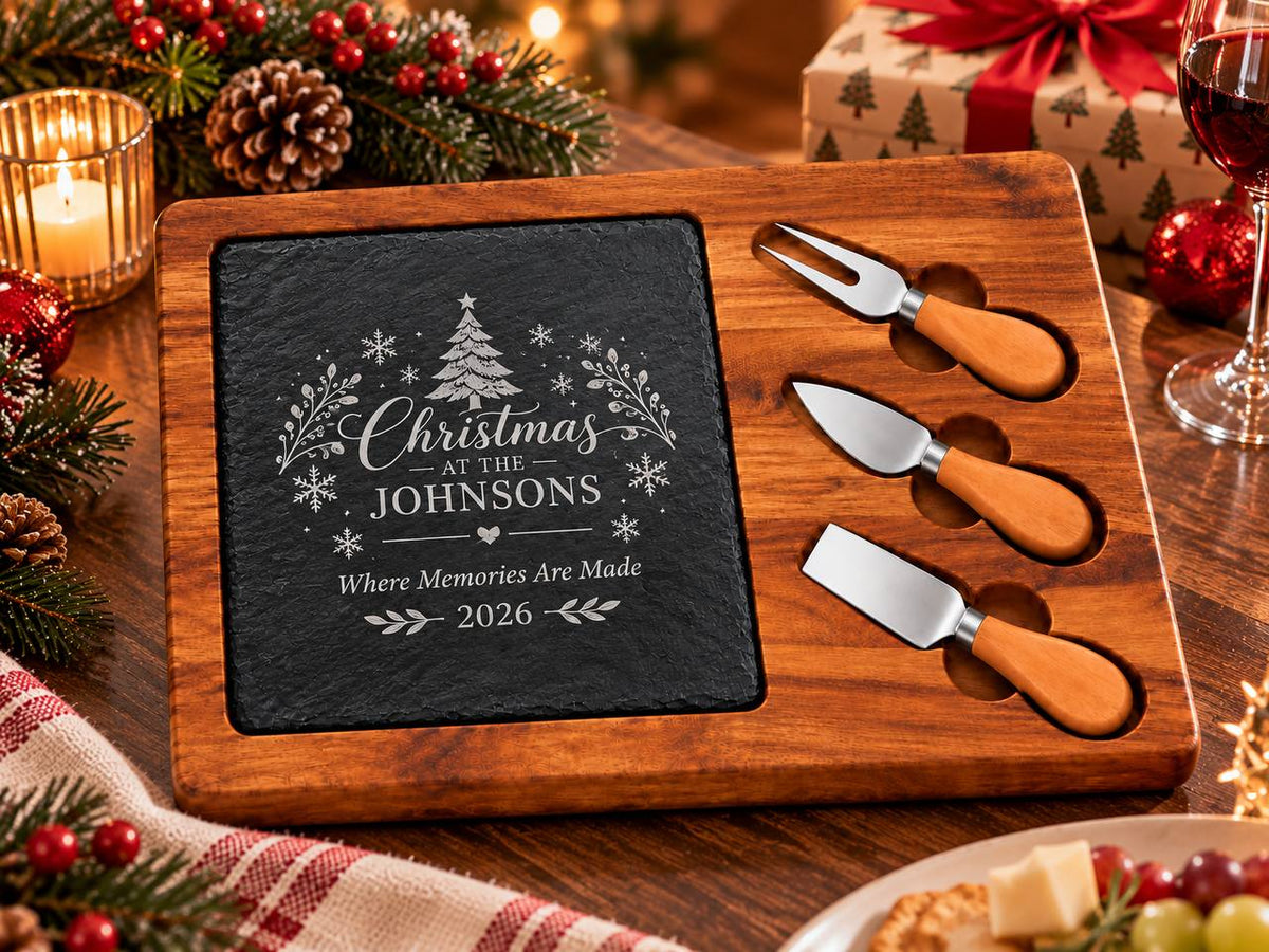 Personalized Christmas at the Johnsons Cheese Board Set with Black Slate Engraving and Festive Gift Decorations