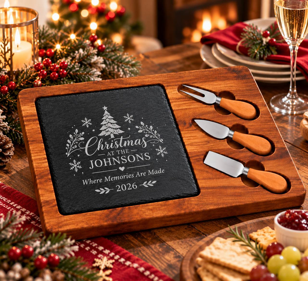 Custom Engraved Christmas at the Johnsons Slate Cheese Board with Christmas Decorations and Serving Tools
