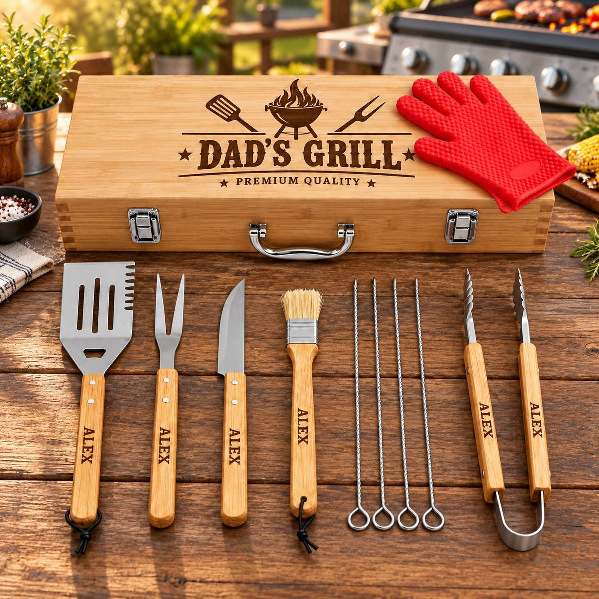 Personalized BBQ Grill Tool Set with Wooden Case – Custom Engraved Gift for Dad