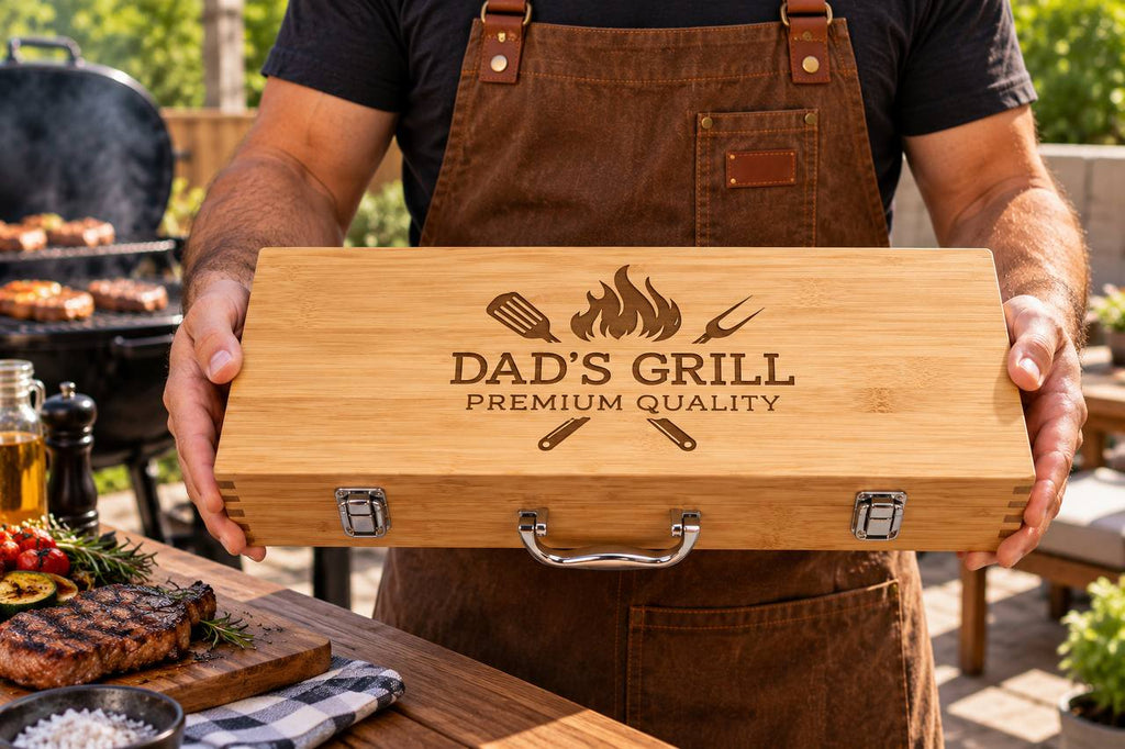 Personalized BBQ Grill Tool Set with Wooden Case – Custom Engraved Gift for Dad