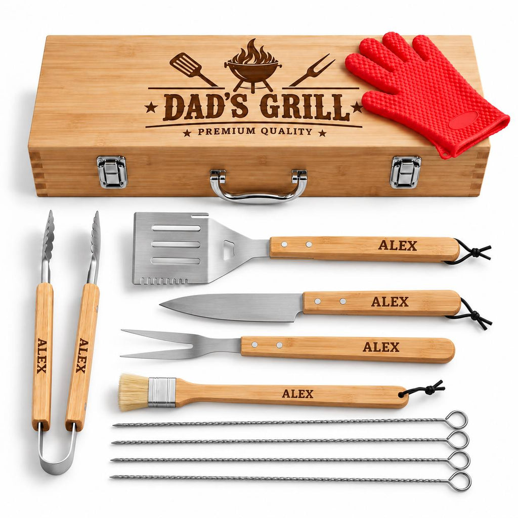 Personalized BBQ Grill Tool Set with Wooden Case – Custom Engraved Gift for Dad