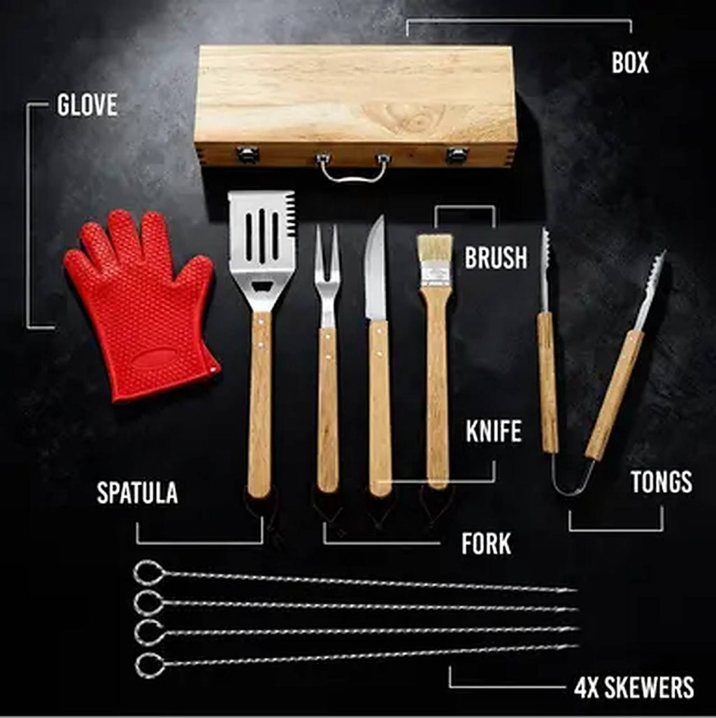 Personalized BBQ Grill Tool Set with Wooden Case – Custom Engraved Gift for Dad