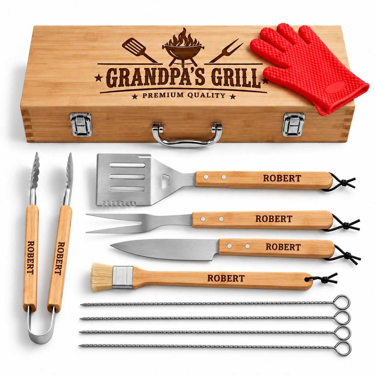 Personalized BBQ Grill Tool Set with Wooden Case – Custom Engraved Gift for Grandpa