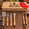Personalized BBQ Grill Tool Set with Wooden Case – Custom Engraved Gift for Son