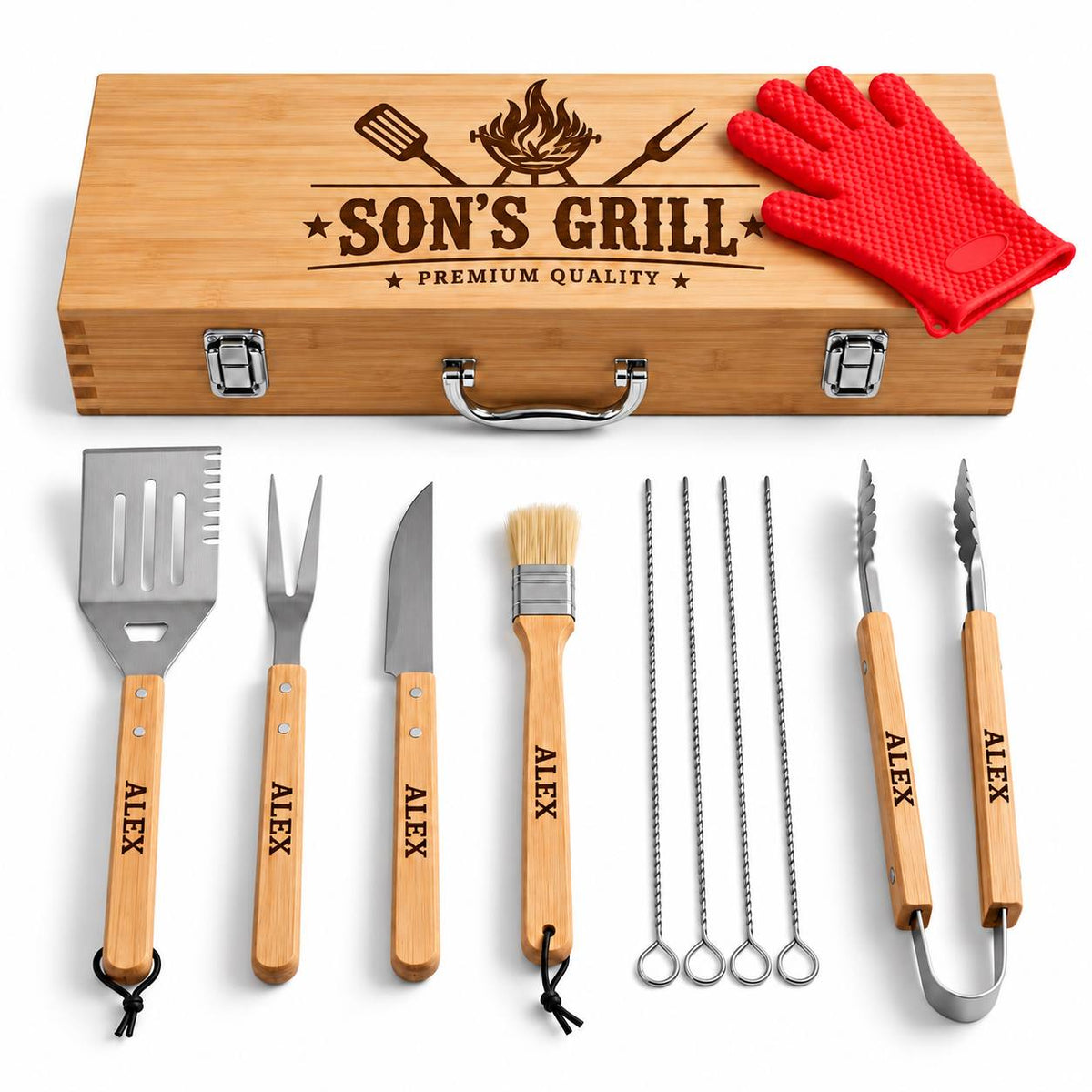 Personalized BBQ Grill Tool Set with Wooden Case – Custom Engraved Gift for Son