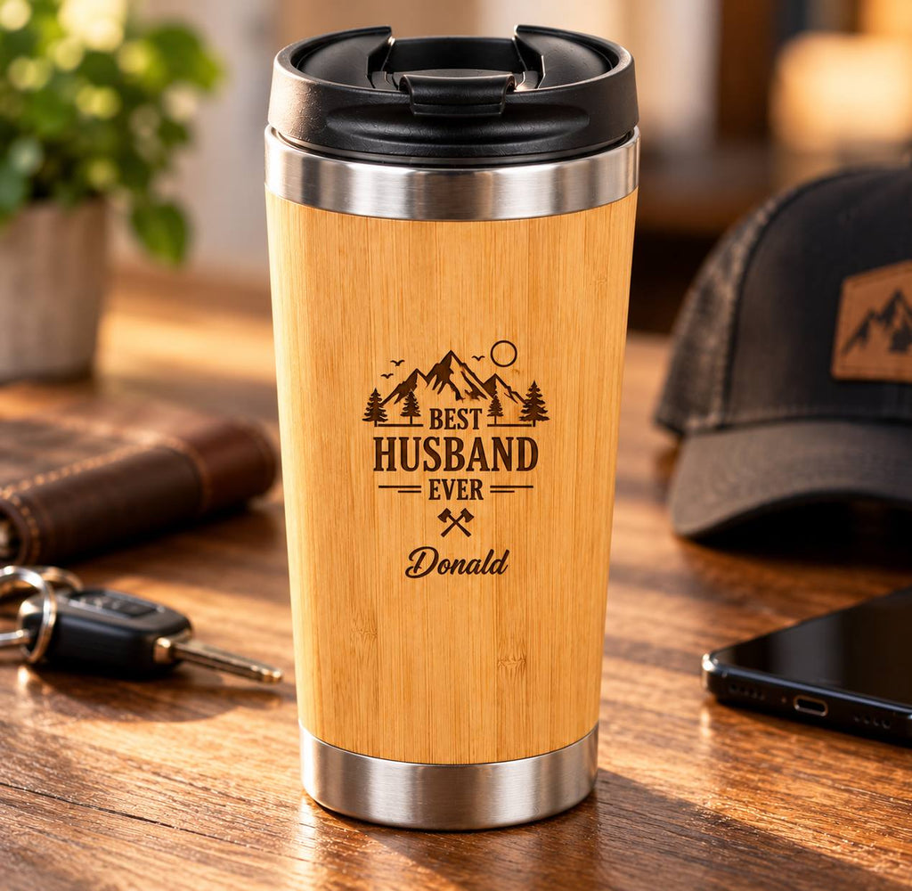 Personalized Bamboo Tumbler for Husband – 15 oz Custom Engraved Gift for Him